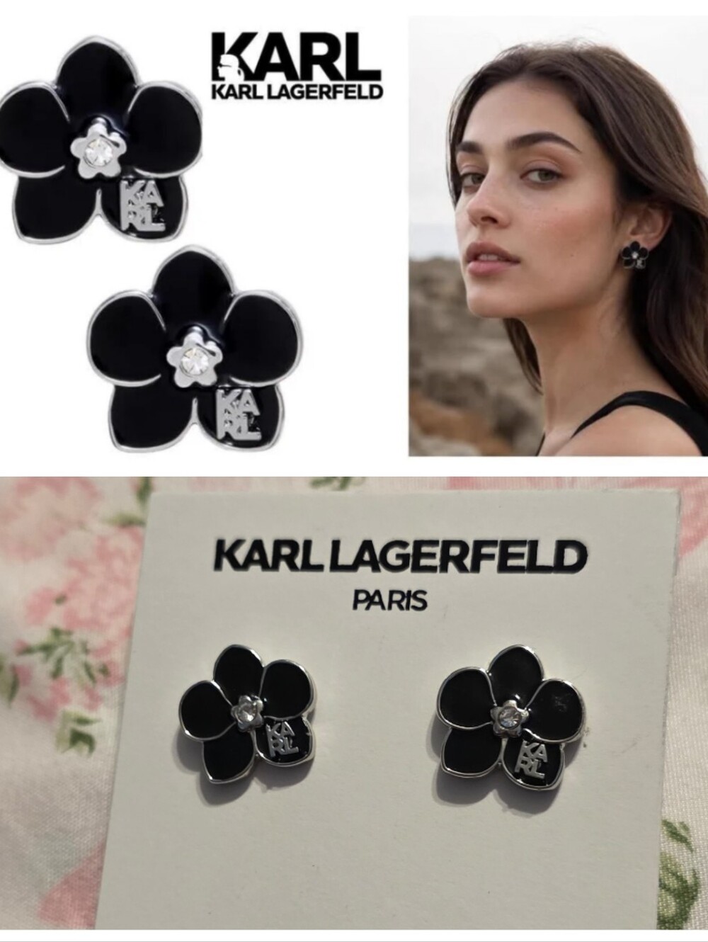 Karl Lagerfield Faux Black Flower Onyx Stud, Silver Earrings
